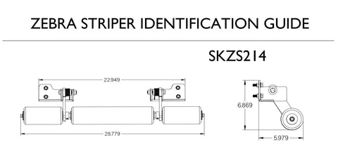 Technical drawing of Zebra Striper Identification Guide for Z Master 2000 And 4000 Series Lawn Stripe Kit with dimensions.