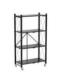 Four Tier Foldable Storage Shelves On Wheels With No Assembly, Pre Assembled Organizer Rack For Garage, Kitchen, Basement And Pantry, Ideal For Craft Fairs And Vendor Events, Black, black metal 4-tier rack on wheels