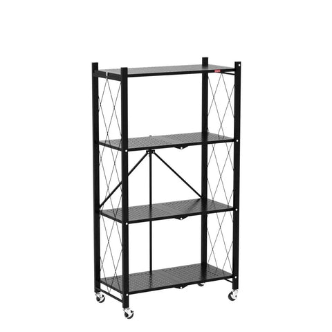 Four Tier Foldable Storage Shelves On Wheels With No Assembly, Pre Assembled Organizer Rack For Garage, Kitchen, Basement And Pantry, Ideal For Craft Fairs And Vendor Events, Black, black metal 4-tier rack on wheels