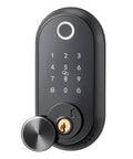 Slick Matte Black Fingerprint Door Lock Set With Tough Touchscreen Keypad residential entry lock from a side view.