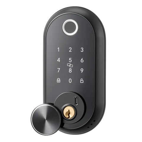 Slick Matte Black Fingerprint Door Lock Set With Tough Touchscreen Keypad residential entry lock from a side view.