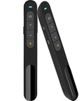 Wireless Presenter Remote Clicker With USB Receiver Two Four GHz Pro Grade Features Hyperlink Volume Control For PowerPoint Presentations Slide Advancer And Remote Pointer Plug And Play Black, front and side view.