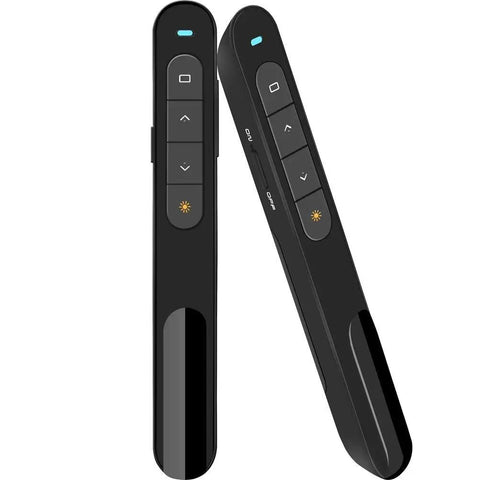 Wireless Presenter Remote Clicker With USB Receiver Two Four GHz Pro Grade Features Hyperlink Volume Control For PowerPoint Presentations Slide Advancer And Remote Pointer Plug And Play Black, front and side view.