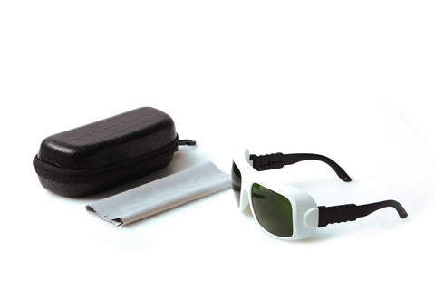 Professional Laser Safety Glasses Built Damn Tough For Ipl Gear with carrying case and cleaning cloth, designed for eye protection.