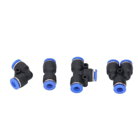 40 Piece Pneumatic Fitting Kit With Splitter Tee And Elbow Straight Connectors For Pu Nylon Pipe Air Tools DIY Shop Gear That Hits The Spot For Smooth Systems., black pneumatic push-fit tees and elbows for PU nylon tube, shown front view