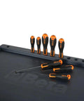 Heavy Duty Black 7 Drawer Rolling Tool Cabinet With Full 207 Piece SAE Mechanic Tool Set showing six orange and black screwdrivers.
