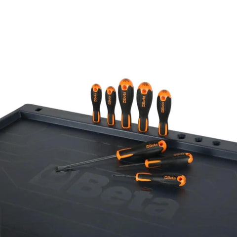 Heavy Duty Black 7 Drawer Rolling Tool Cabinet With Full 207 Piece SAE Mechanic Tool Set showing six orange and black screwdrivers.