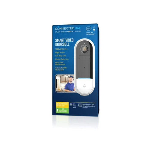 Smart Video Doorbell 1080P HD With Real Time Alerts, Optional 24 Seven Recording, Motion And Sound Detection, Weatherproof Outdoor Doorbell Camera, Bluetooth And WiFi, 2.4 GHz White in retail packaging showing features.