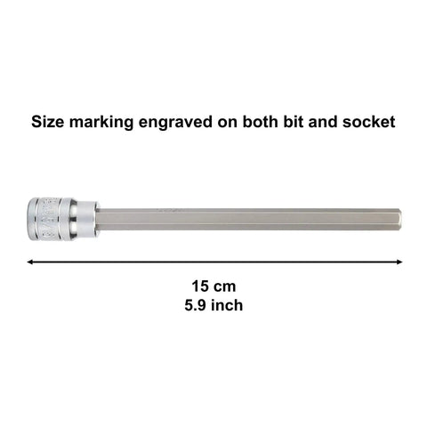 Long hex socket with size marking, 10 Piece Three Eighth Inch Drive Long Hex Bit Socket Set SAE From One Sixteenth To One Half Inch Extra Long Allen Sockets Built From S2 Steel And CR-V For Heavy Duty Torque Pro Grade Gear For Pros And DIY Projects, 5.9 inch length, silver color