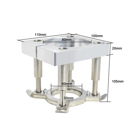 Pro Grade CNC Pressure Plate Clamp Features A Hella Secure Four Foot Fixture Design For Smooth Spindle Motor Router Swaps Rock Solid Grip 85Mm Quick Change Mount, aluminum construction with dimensions.