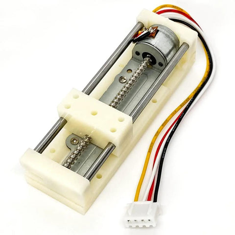 Front view of DC 5V micro 2-phase 4-wire stepper motor linear rail actuator with lead screw and white mounting blocks