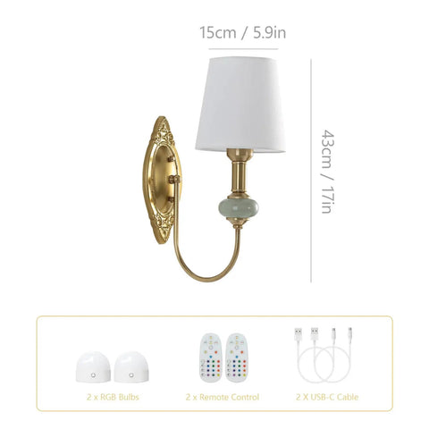 Vintage Wireless Wall Sconce Set Of Two Rechargeable Gold Led Accent Lamps With Fifteen RGB Mood Tones Zero Cord Hassle Super Easy Mount For Living Room Vibe - Detail view of one lamp with white shade.