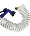 25 Foot White Coiled Hose With Adjustable Nozzle For Easy Watering And Cleanups, Tangle Free Lightweight Garden Hose Built To Last
