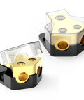 Two Pack Car Audio Power Distribution Block 0 To 2 To 4 Gauge In, 4 To 8 To 10 Gauge Out Amp Splitter For Cars And Boats, Clear Cover, High Conductivity, Rust Resistant, Heavy Duty Pro Grade Power Block, two gold blocks