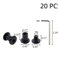 20 Pack M6x8mm Barrel Nuts And Bolts Stainless Steel Binding Post Screws Heavy Duty With Hex Wrench For Easy Install On Furniture Bed Frame Cupboard Cabinet, showing individual components with measurements.