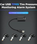XTRONS USB TPMS tire pressure monitoring system front view with USB dongle and four tire sensors