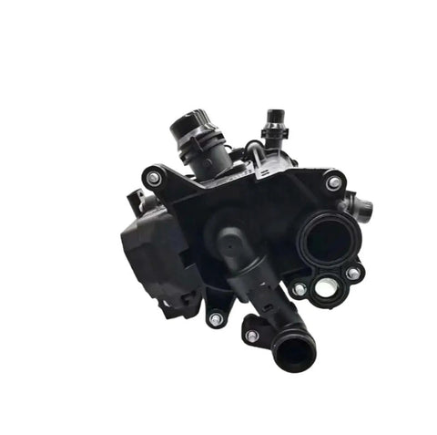 Premium Thermostat Housing Heat Management Module BMW X1 X3 X5 Engine Assembly rear view with coolant outlets and connectors.