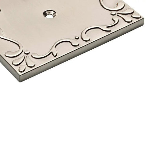 Close-up of Classic Lace Three Pack Brushed Nickel Outlet Covers For 1 Gang Wall Plate Duplex Switch Plates Victorian Style