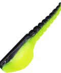 Crappie Magnet Roo Lure Small Profile Split Tail Imitates Tiny Shad With Belly Scent Pouch, black and green lure close-up view.