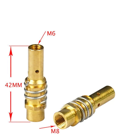 Gold tip holder from 24 Piece MIG Welding Nozzle Set for Torch Accessories, 42mm height with M6 top, M8 bottom, MB15 15AK compatible.