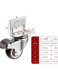 Smooth Rolling Retractable Casters With Brake 1 Inch Heavy Duty Rubber Wheels detailed view showing dimensions and bolting plate.