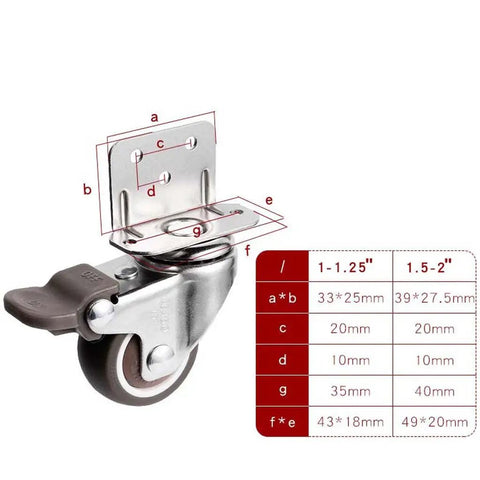 Smooth Rolling Retractable Casters With Brake 1 Inch Heavy Duty Rubber Wheels detailed view showing dimensions and bolting plate.