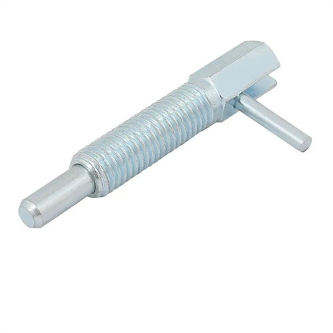 Rugged M10 Thread Zinc Plated Steel Indexing Plunger With Retractable Lockout Feature And Sturdy L Handle providing stable grip.