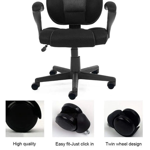 Universal Premium Office Chair Wheels And Quiet Dual Casters With 360 Degree Swivel Heavy Duty Rollers For Slick Glide On Carpet Or Laminate No Sweat Quick Swap Fit, featuring a black office chair with twin wheel casters.