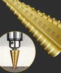 Heavy Duty Woodworking Drill Bit Kit With Dead Center Tower Auger And Quick Strike Punch showing a step drill in use with a drill chuck.