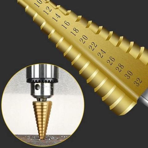 Heavy Duty Woodworking Drill Bit Kit With Dead Center Tower Auger And Quick Strike Punch showing a step drill in use with a drill chuck.
