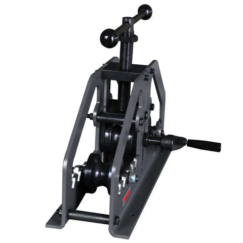Close-up of Three Roll Tube Roller Bender For 1.5 Inch Pipe And 2 Inch Tube With 20 Inch And 60 Inch Radii, Pro Grade Modular Roller System