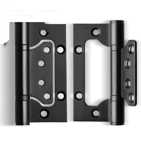 Heavy Duty Silent Flat Door Hinges With Screws Four Inch Thickened Anti Rust Stainless Steel Smooth Close Interior Door Hardware Zero Grind And No Squeak Nonsense, showcasing black hinges with mounting holes.