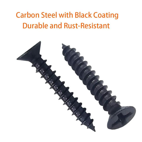 Black M4 Wood Screws Kit 100 Pcs Self Tapping Phillips Flat Head Drywall Screws Plus M6 Anchors, carbon steel with black coating