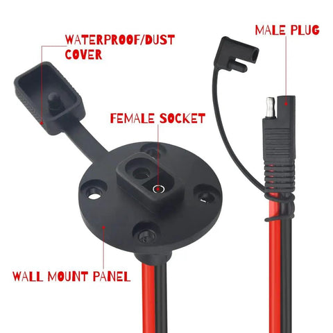 SAE Power Socket Sidewall Port Kit With Cap Easy Install 10AWG 23.62 Inch Quick Disconnect Panel Mount Power Cable details