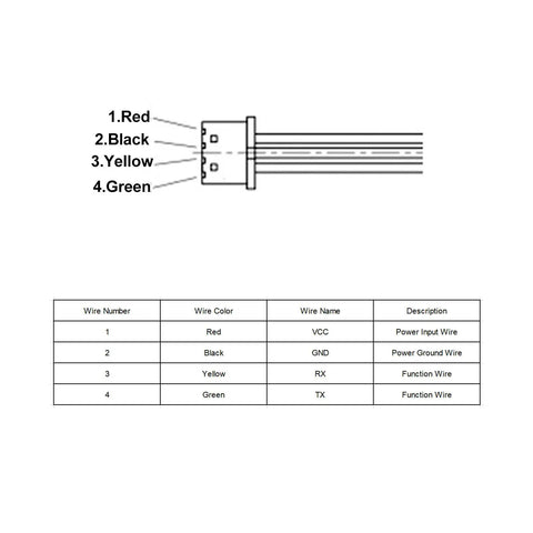 Wiring diagram for Ultra Accurate Distance Sensor Rangefinder Module With Auto UART Control 3.3V To 5V, showing wire colors and functions.