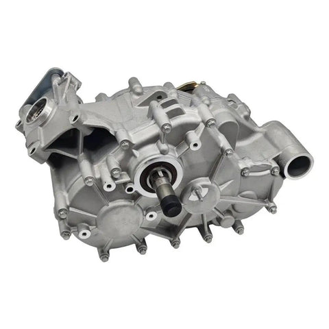 Heavy Duty ATV Gearbox Compatible With Odes Pathcross 1000 Direct Replacement. View of silver metallic transmission unit from side angle.