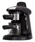 Semi Automatic Espresso Coffee Machine With Swivel Milk Frother For Silky Cappuccinos Compatible With Coffee Pods Quick Heat 730 W in black with glass carafe.