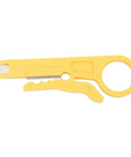 Yellow handle of All In One Ethernet Crimping Tool with pass through connectors for Cat5 through Cat6A, cutter, stripper, and crimper visible