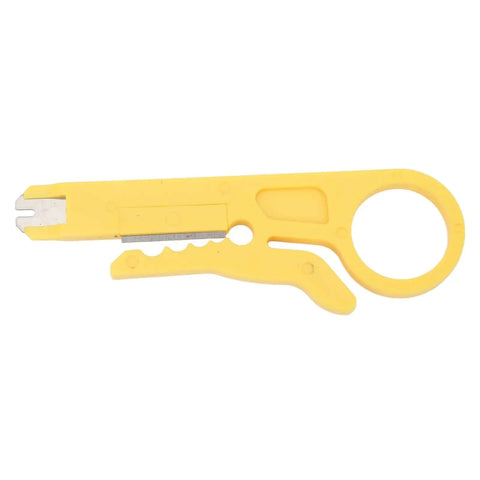 Yellow handle of All In One Ethernet Crimping Tool with pass through connectors for Cat5 through Cat6A, cutter, stripper, and crimper visible
