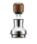 Premium 54mm Espresso Distribution Tool In Rich Walnut Wood For Perfect Puck Prep and Even Coffee Grounds Layout showing stainless steel and walnut.
