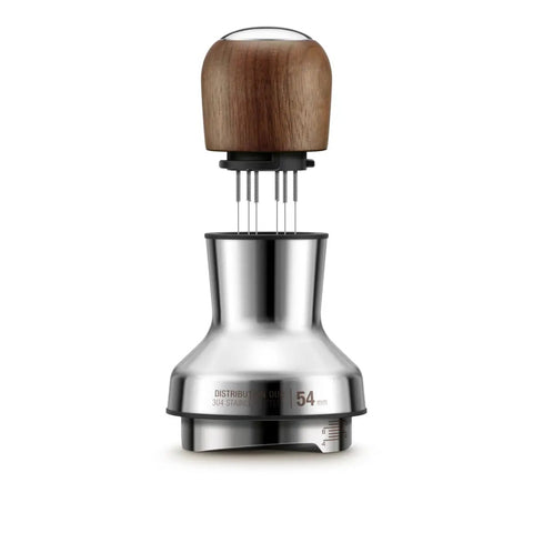 Premium 54mm Espresso Distribution Tool In Rich Walnut Wood For Perfect Puck Prep and Even Coffee Grounds Layout showing stainless steel and walnut.