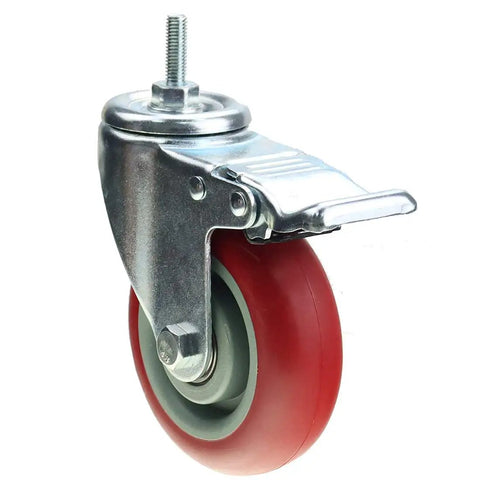 Built Like A Tank 4 Inch Swivel Caster Wheels Featuring Dual Locking Brakes, Silent Pu Polyurethane Glide On M8 Stem close-up view