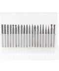 20pc solid carbide burr set in plastic case with 3mm shank and 3mm cutting heads, assorted shapes