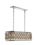 Six light pendant chandelier showcasing royal cut crystal spheres on a polished nickel forged iron grid for kitchen.