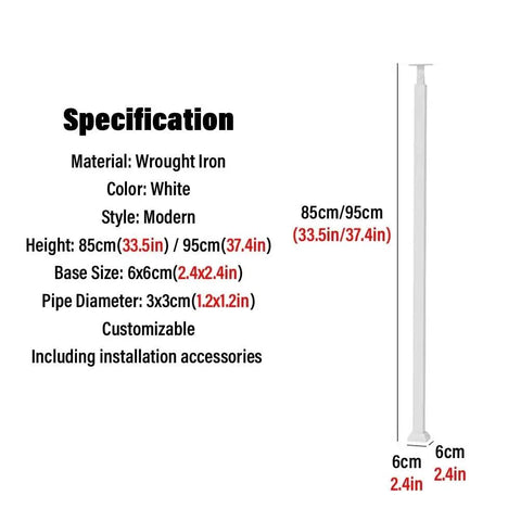 Rock Solid White Iron Railing Posts Set Of Twenty Heavy Duty Stair Balusters With No Sweat Floor Mount Hardware For Indoor Outdoor Deck Porch Projects specifications with height and base size details.
