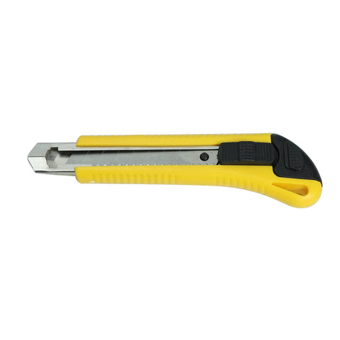 Yellow utility knife with retractable blade and black grip, side view.