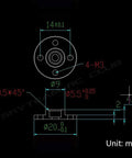 Top and side CAD drawing of aluminum 25T servo horn with 4-M3 mounting holes