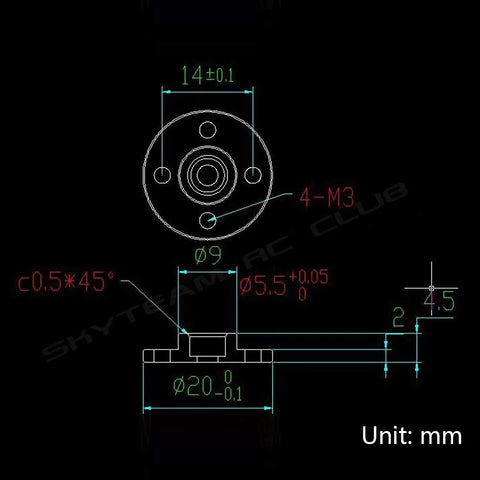 Top and side CAD drawing of aluminum 25T servo horn with 4-M3 mounting holes