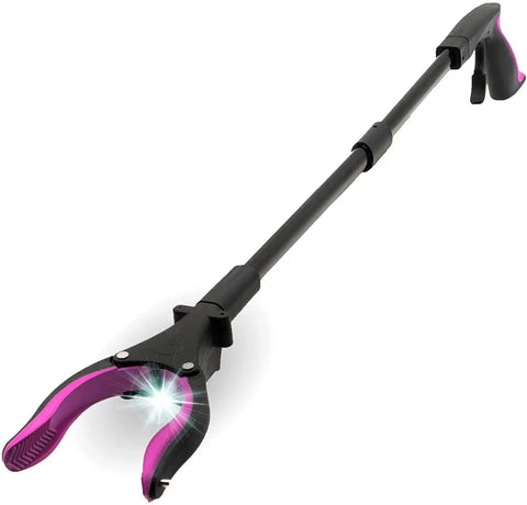 19 Inch Aluminum Magnetic Claw Reacher With Led Light Lightweight Foldable Grabber Tool For Quick No Fuss Pickups Trash Picker And Elderly Reaching Aid Pink With Textured Jaw And Rust Proof Cable
