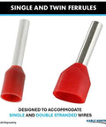 UL Listed Wire Ferrules And Crimp Terminals, red insulated copper and nylon construction, designed for single and twin wires